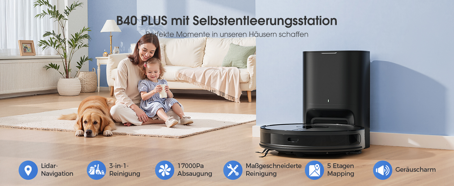 Робот-пилосос BPMIO з функцією миття підлоги та станцією самоочищення, потужність всмоктування 6500Pa, навігація LiDAR, час роботи 180 хвилин, ідеально підходить для шерсті тварин, килима та твердих підлог (B40 Plus)