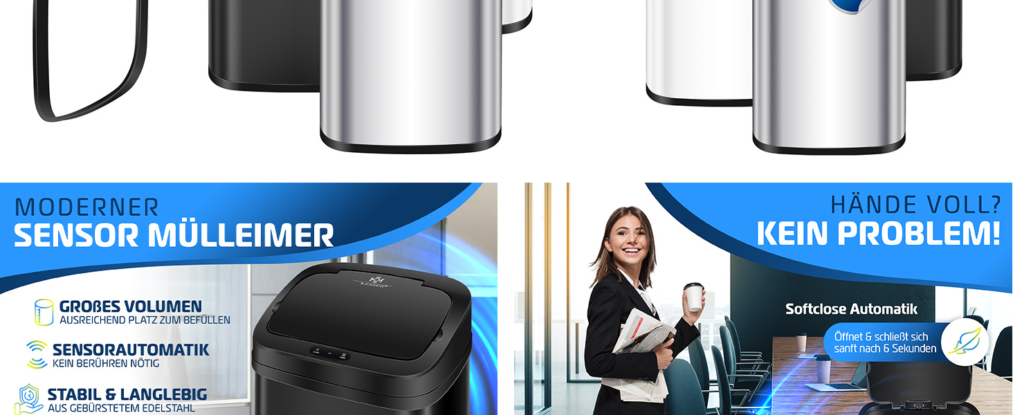 Сміттєве відро KESSER® Sensor 30 л з автоматичним відкриванням, датчиком руху та м'яким закриттям кришки. Відро з сенсорним керуванням, LCD-дисплеєм, нержавіючою сталлю та тримачем для мішка.