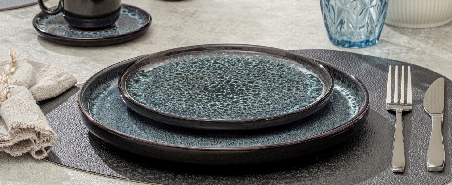 Набір посуду SÄNGER Manila на 6 осіб (30 предметів) | Керамічний сервіз, блакитний з чорним обідком