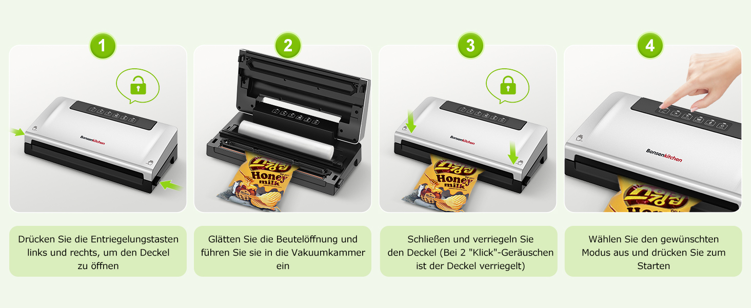 Вакууматор Bonsenkitchen для продуктів, потужний вакуумний пакувальник з 5 режимами, 8 л/хв, технологія Globefish, чорний (комплект: 5 пакетів та 1 рулон)