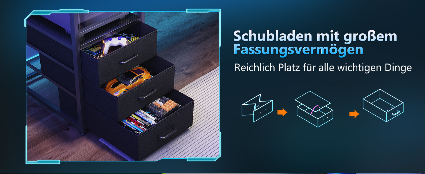 Ігровий стіл Coleshome з ящиками, 151x50 см, LED-підсвічуванням та розеткою, стіл для комп'ютера з полицями та підставкою для монітора, карбон, чорний