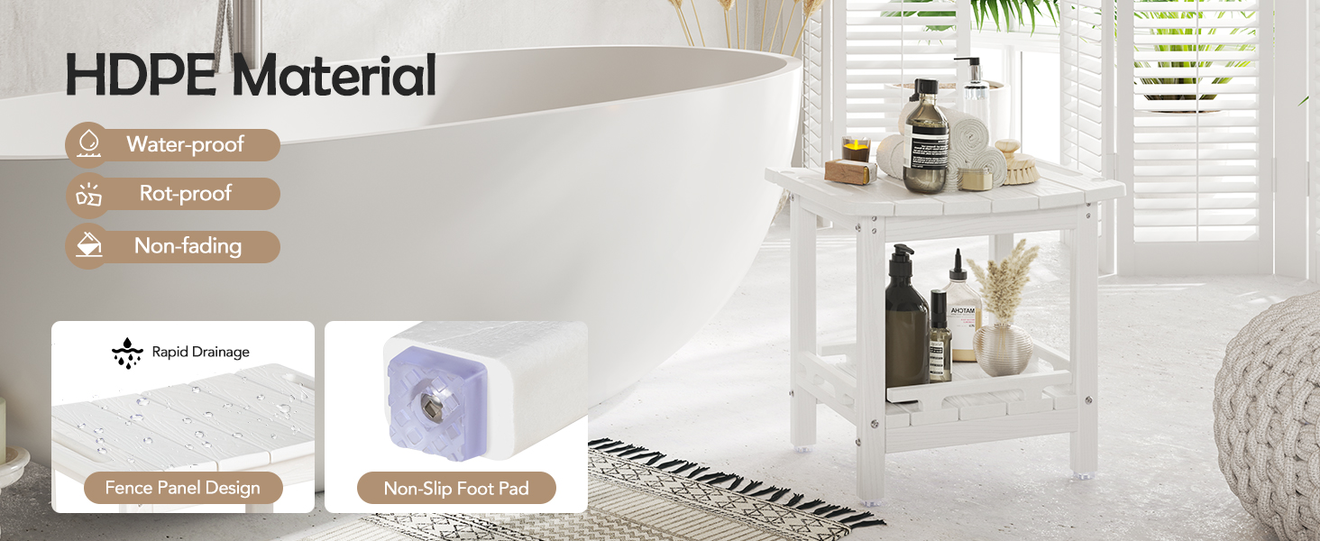 Двоярусний душовий стілець NALONE з HDPE, сучасний дизайн, антиковзні накладки, ергономічний та водонепроникний квадратний стілець для душу