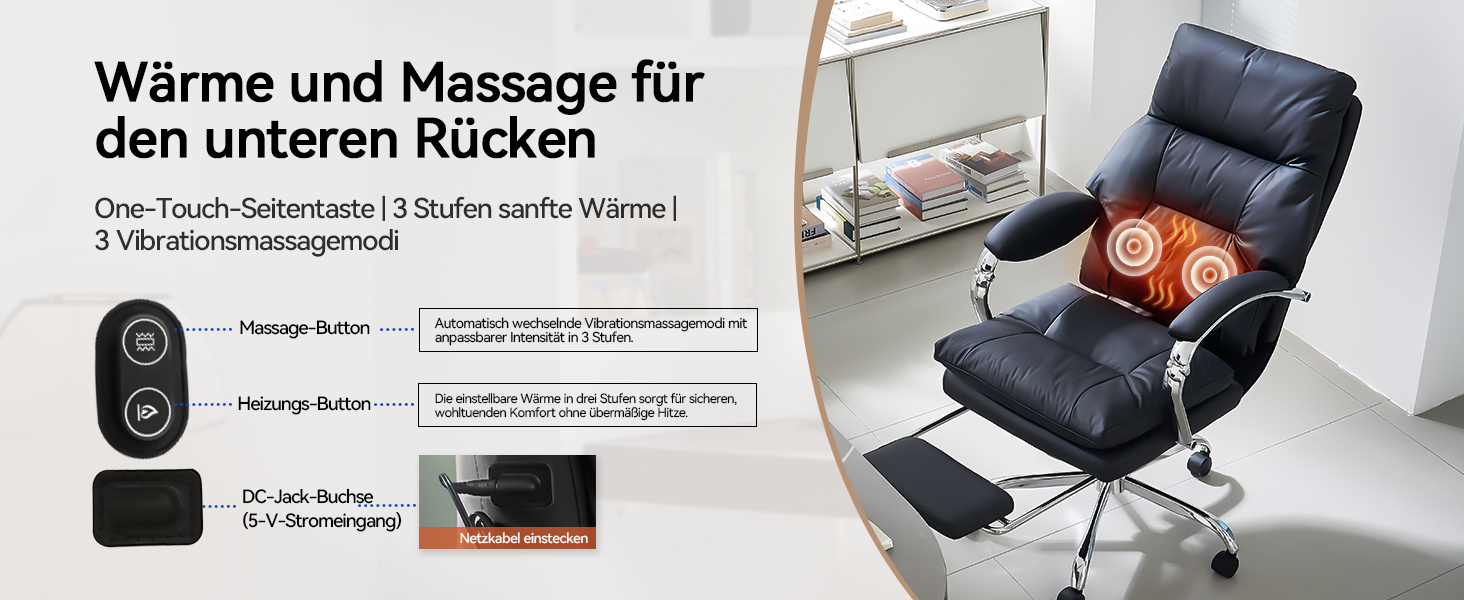 Офісний крісло EMIAH з підніжкою, комфортний крісло для роботи з підлокітниками, ергономічний крісло для начальника з PU шкіри та роликами, ігровий комп'ютерне крісло з потовщеною подушкою,(Чорний)