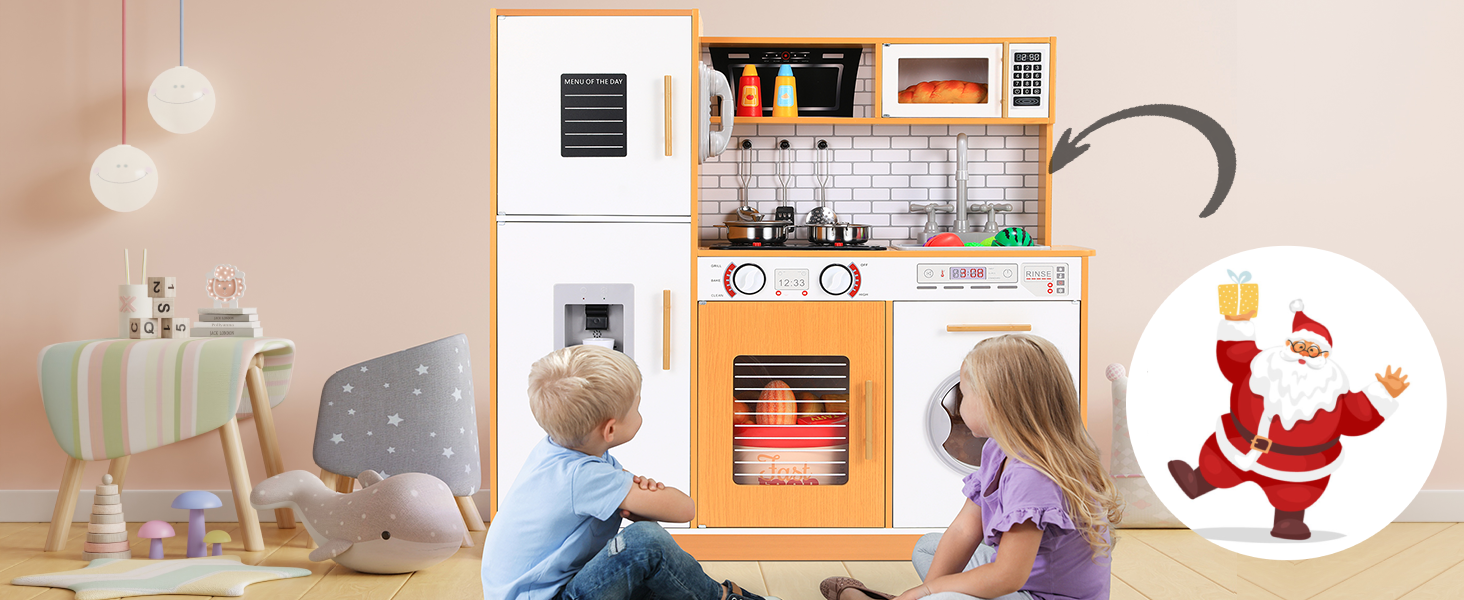Дерев'яна дитяча кухня MAMIZO з підсвіткою та звуком, 82x80x25 см. Комплект аксесуарів, іграшка для дітей від 3 років, білий колір (біле дерево)
