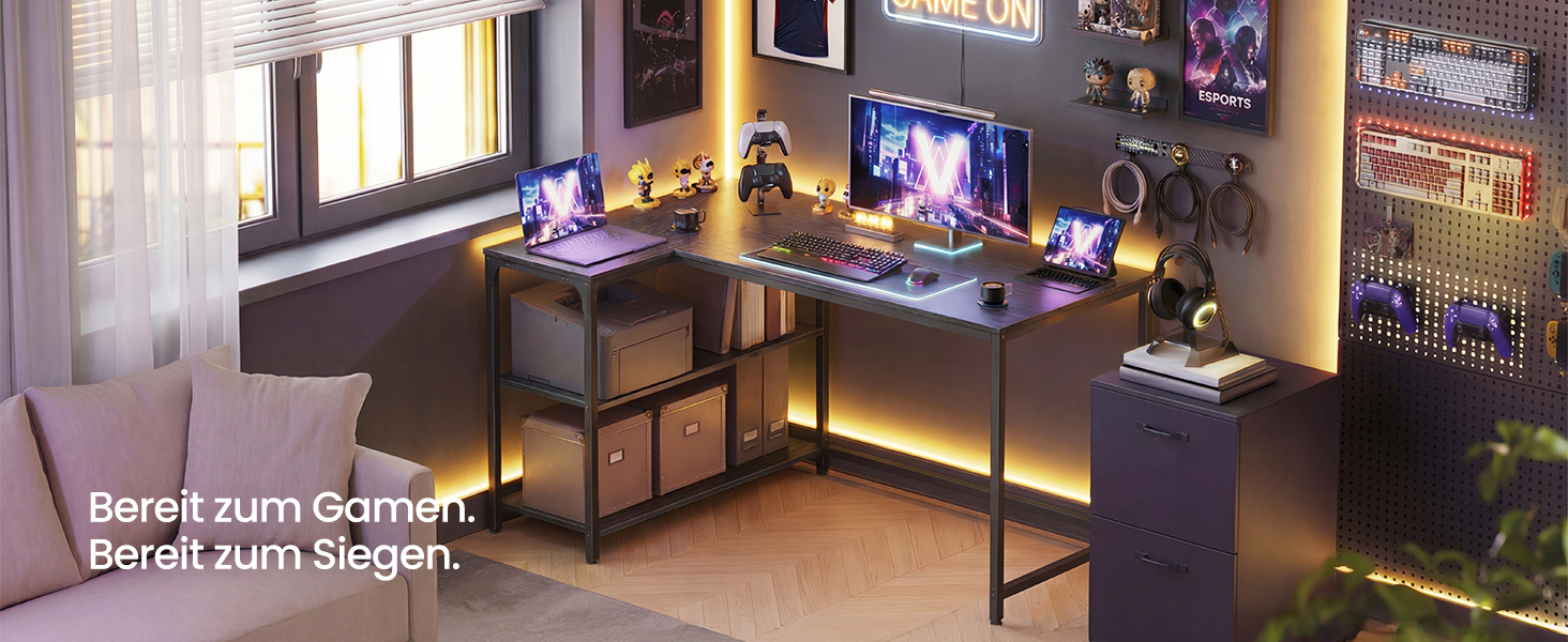 Кутовий стіл VASAGLE L-подібний з полицею, комп'ютерний стіл з місцем для зберігання, офісний стіл для дому, 120 x 80 см, Чорний горіх