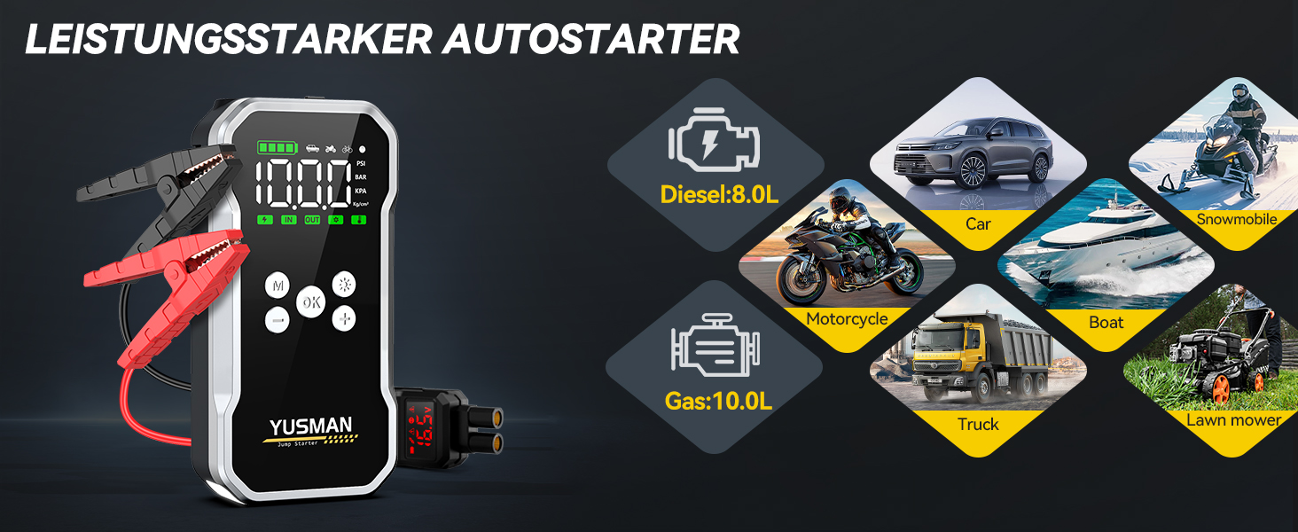 Powerbank для автомобіля Starthilfe: 6000A, 12V, для бензинових та дизельних авто, LCD-дисплей, 4 режими LED-підсвічування – для SUV, мотоциклів, газонокосарок