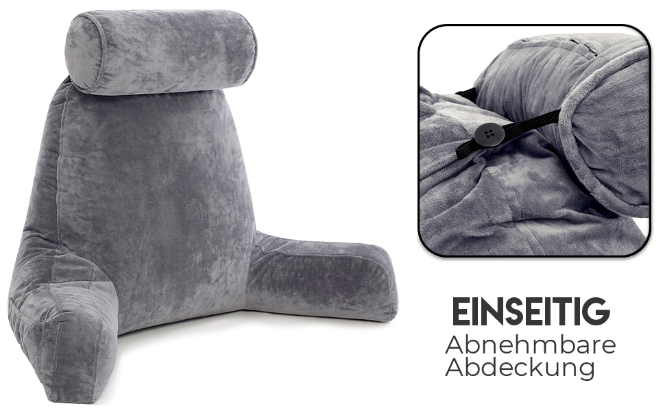 Подушка для чоловіків з підлокітниками - темно-сіра, преміум-якість, для читання та відпочинку в ліжку. Знімний валик для шиї, Memory Foam.