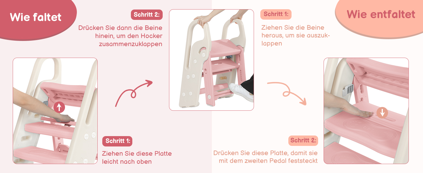Дитячий табурет-сходинка Onasti: регульована висота, 2-3 сходинки, складна конструкція, багатофункціональний, для ванної, дитячої кімнати, кухні (зелений, рожевий)