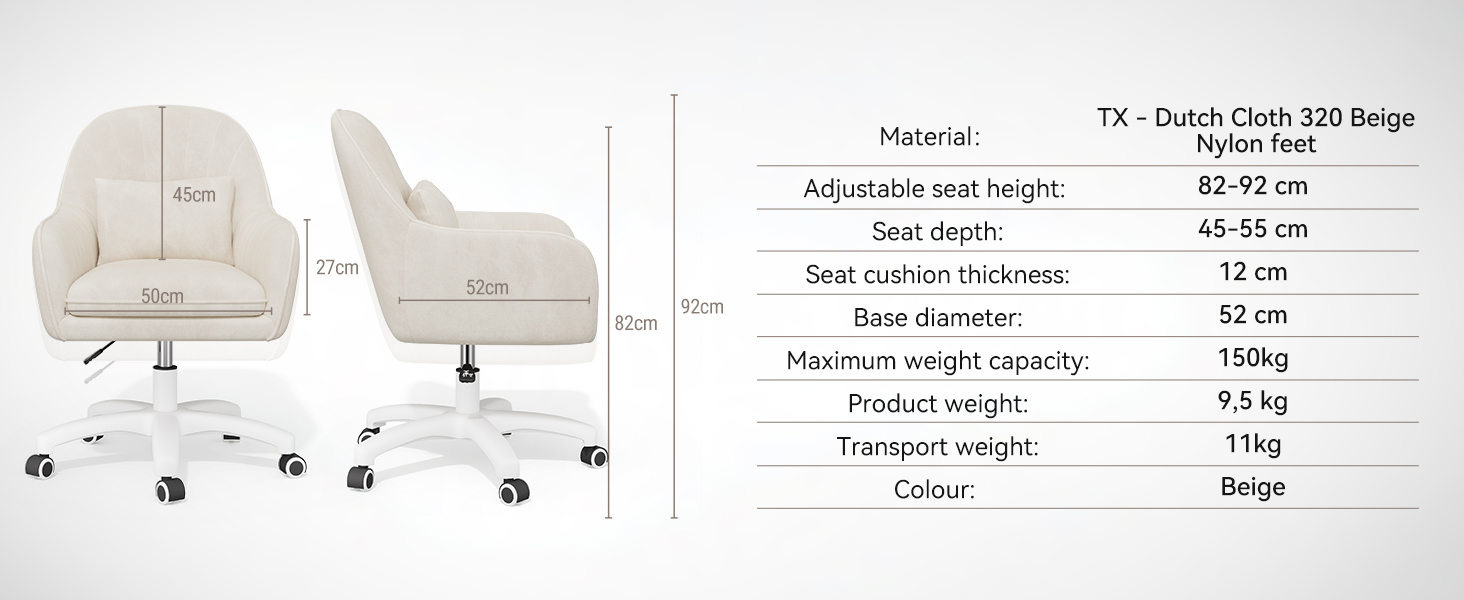 Крісло для дому та офісу Aivermeil: м'яке, з підголівником, обертове, регульоване по висоті, ергономічне, до 120 кг, бежеве