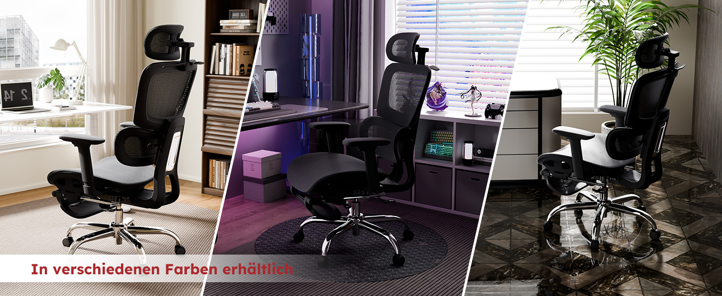 Ергономічне крісло для офісу Voll-Mesh з підголівником, підставкою для ніг, регульованою спинкою, підлокітниками, автоматичною поперековою підтримкою, PU-колесами, поворотним на 360°, до 150 кг, чорне