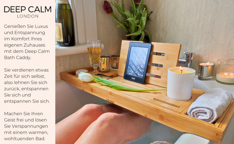 Підставка для ванни Deep Calm з бамбука - регульована, антиковзка, для книг, iPad, телефону, склянки, свічки (біла)