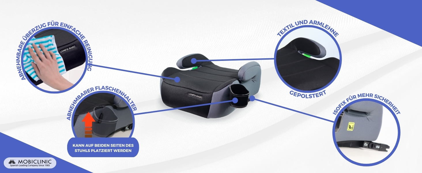 Дитяче сидіння, I-Size, Від 125-150 см, IsoFix System, Знімний чохол, що миється, Lionfix Basic, R129 Standard, Європейський бренд, Дитяче крісло, Підлокітник і текстильна оббивка