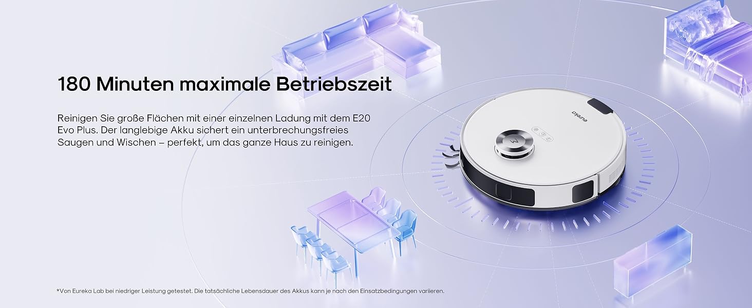 Робот-пилосос Eureka E20 Plus з потужністю 8000 Па, самостійною станцією очищення, функцією запобігання заплутування, 3D уникнення перешкод, 180 хвилин роботи, DuoDetect AI, білий