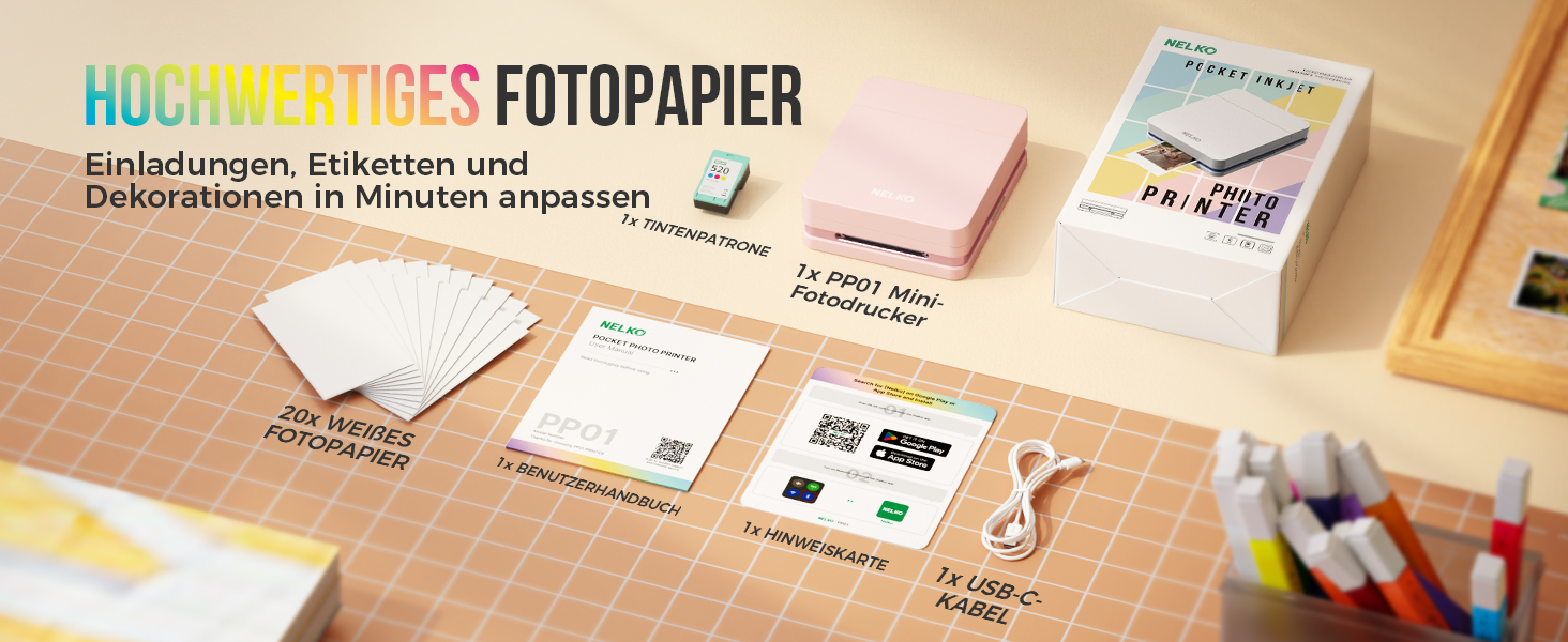 Портативний міні-фотопринтер Nelko PP01: кольоровий, для смартфонів iOS & Android, з 20 фотопапером, наклейки, рожевий