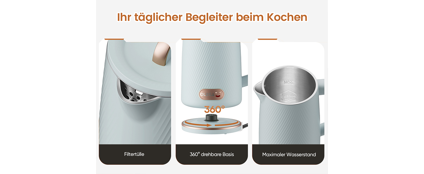 Електричний чайник OLEGA 1.8L, 1800W, нержавіюча сталь, автоматичне відключення, захист від сухого кипіння, блакитний