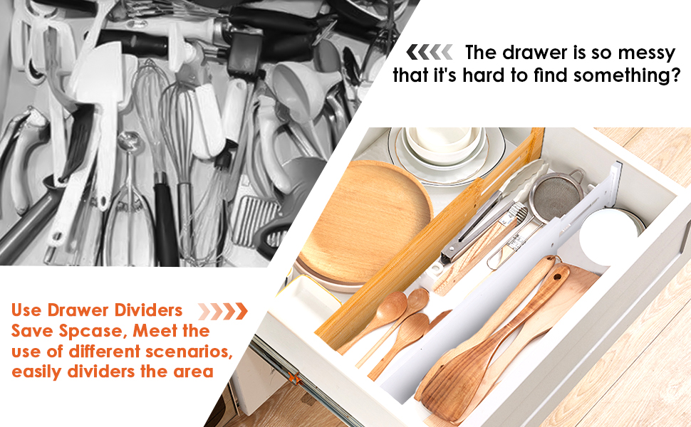 Органайзери для шухляд MUUKAIII (6 шт.) - бамбукові роздільники для шухляд, 43-56 см, 6 см висота, для кухні та шафи - білий