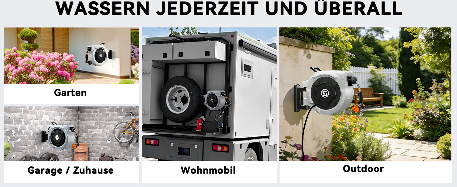 Шланговий барабан SUNPOW настінний 30м для саду, тераси та двору. Автоматичний намотувач, поворотна стійка 180°, 10 функцій розпилення, діаметр 16 мм.