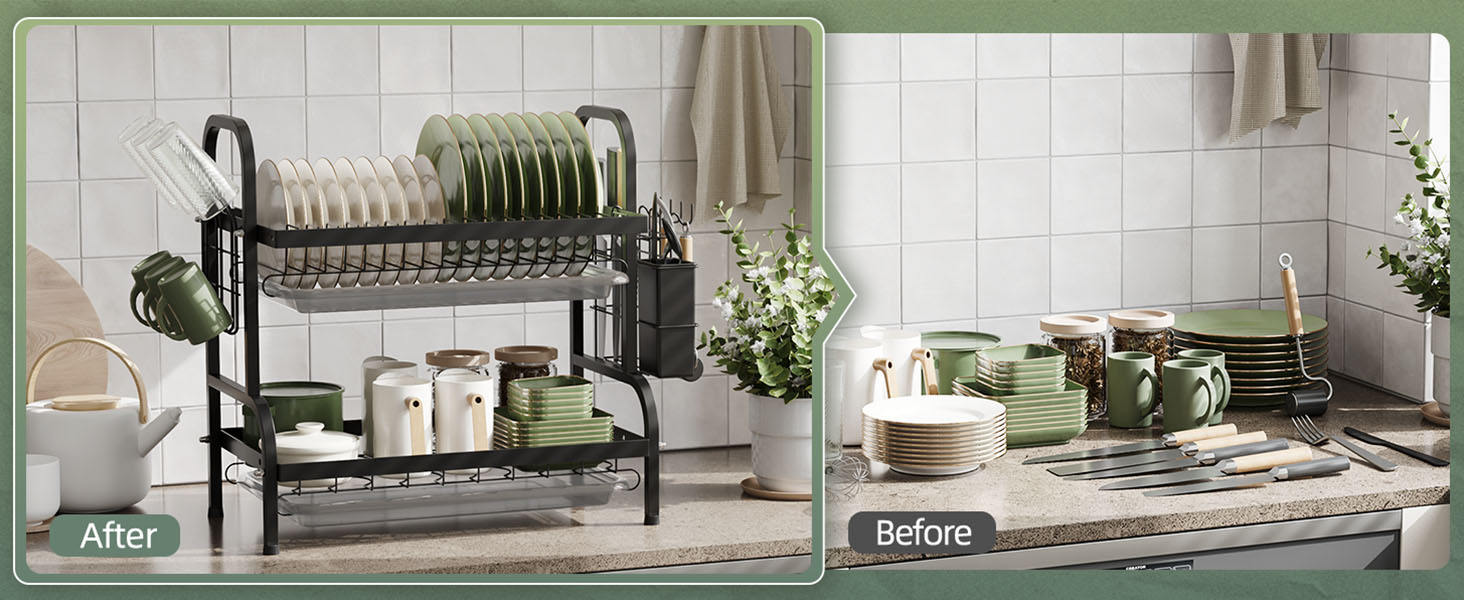 Сушарка для посуду NETEL 2-ярусна, чорна: з піддоном, тримачем для столових приборів та чашок