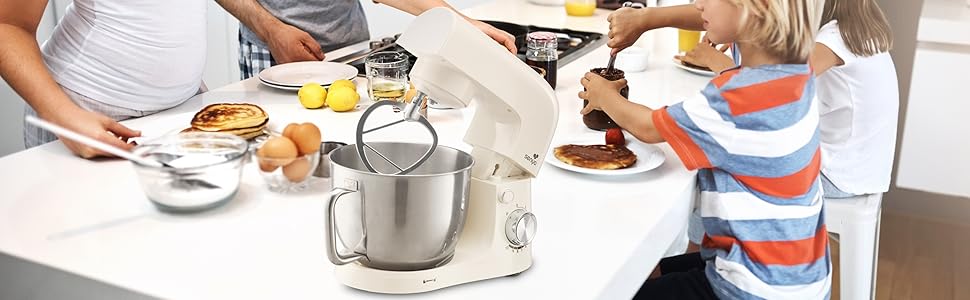 Кухонна машина SENYA 1500 Вт з чашею з нержавіючої сталі 5 л, 10 швидкостей + імпульсний режим, міксер, вінчик, гак в комплекті, захист від бризок з розділювачем яєць, тиха робота