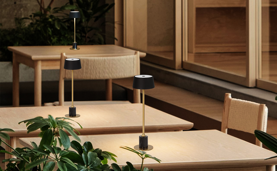 LED настільна лампа Dawalight бездротова з сенсорним вимикачем, 2400mAh, USB, для дому, спальні, ресторану, метал та мармур, чорний + золотий