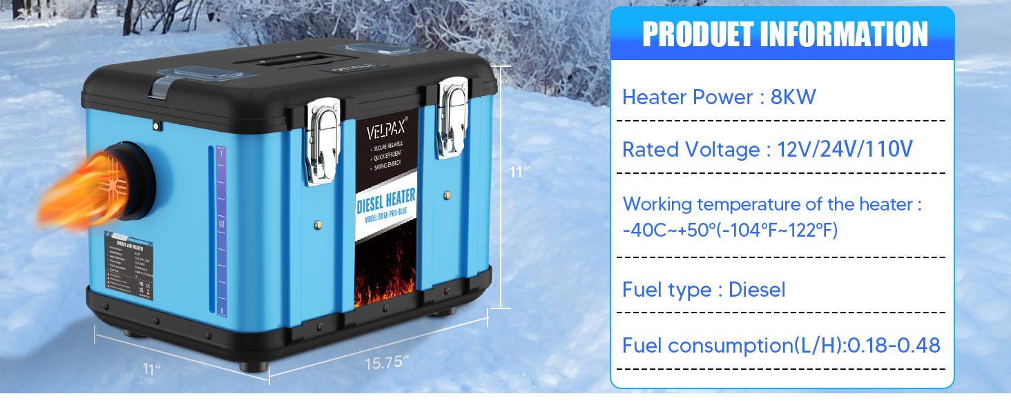 Автономний дизельний обігрівач VELPAX All in One 8кВт, 12V/24V/220V з Bluetooth, LCD-дисплеєм та пультом керування для кемпера, автобудинку та причепа