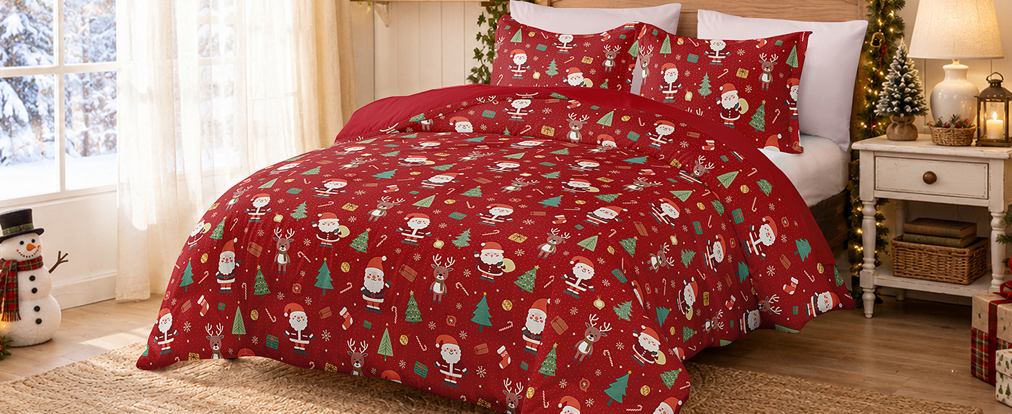 Комплект новорічної постільної білизни WONGS BEDDING з Санта-Клаусом, м'яка мікрофібра, 2 предмети (підковдра 135x200 см, наволочка 80x80 см), червоний