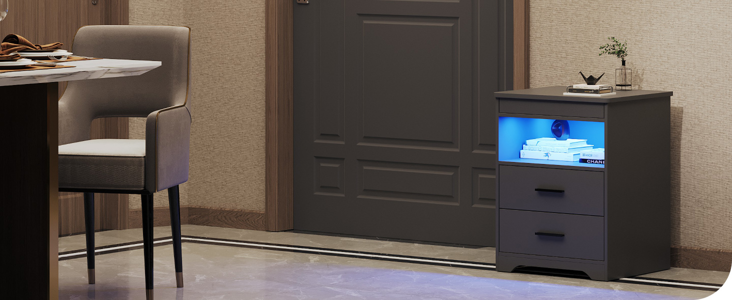 Нічний столик FREDEES з LED-підсвічуванням, ящиком та бездроговою зарядкою, сірий (2 кольори)