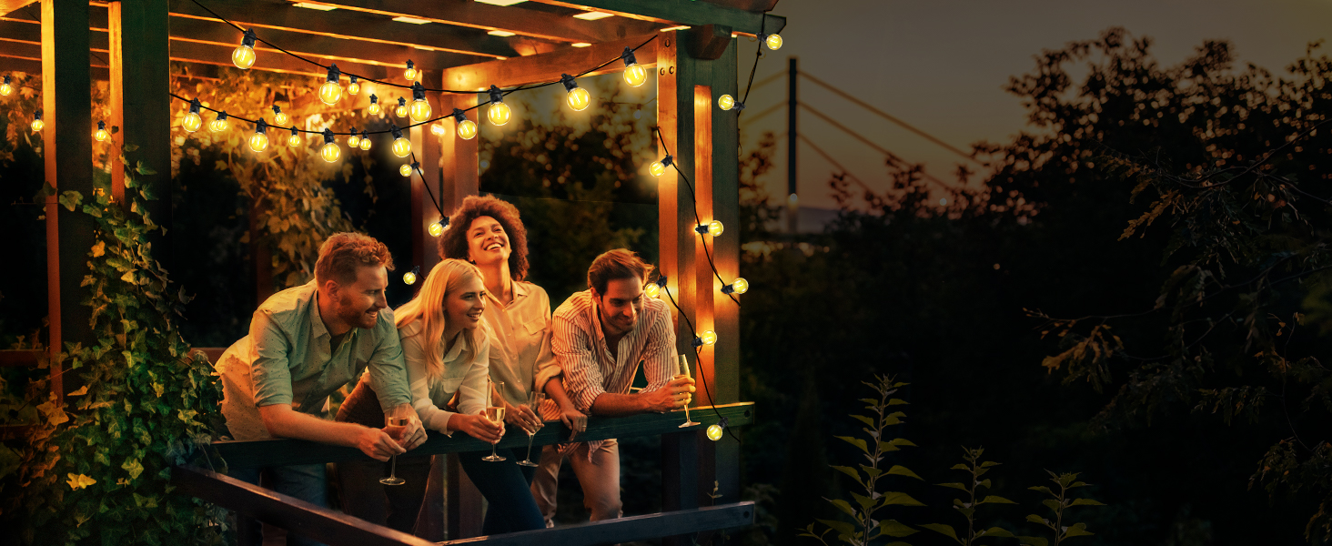 Ланцюжок прикрас для зовнішнього використання, 10м, G40 лампочки. Водостійкий (IP68), диммування, з пультом ДУ. Ідеально для балкона, павільйону, саду, тераси, вечірки, весілля.