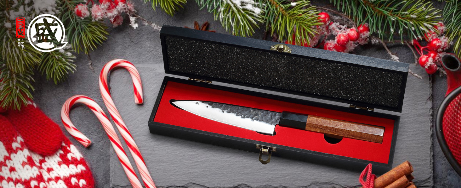 Японський ніж Mitsumoto Sakari для кухні, 14 см, з високоякісної сталі, ручка з рожевого дерева, подарункова коробка