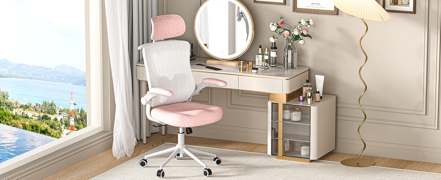 Ергономічне крісло для офісу з регульованою підголівником та поперековою підтримкою – високе офісне крісло з сітчатим спинком та м'яким сидінням, вішалка для одягу та функцією блокування (білий та рожевий)
