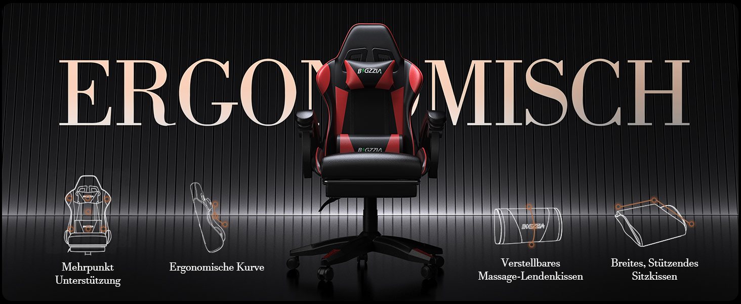 Ігровий крісло Bigzzia з масажем та підставкою для ніг, ергономічне, регульована спинка 90-135°, з подушками для голови та попереку (Червоний)