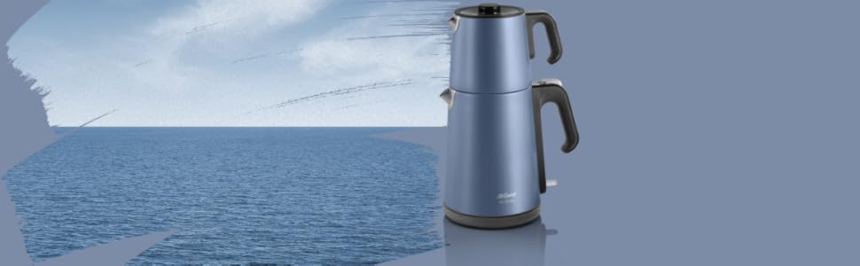 Арзум Ehlikeyf - електрочайник та турка для приготування турецького чаю, 2200W, 3,5л, 1,2л, нержавіюча сталь, регулювання температури, захист від сухого кип'яття, блакитний
