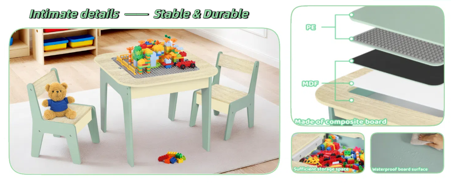 Дитячий стіл Mamizо з 2 стільцями: комплект меблів для дитячої кімнати, стіл для малювання та ігор, зелений