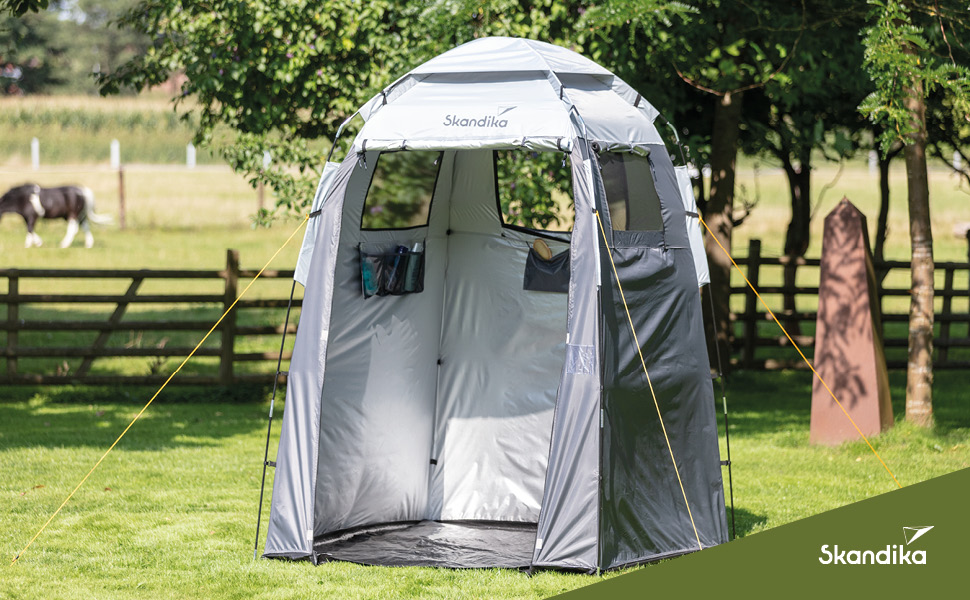 Душовий та кемпінговий намет-роздягальня Skandika: висота 230 см, світловідбиваюче покриття, непрозорий, з підлогою та вікнами