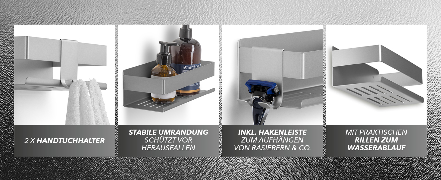 Набір душових полиць BENKSTEIN (2 шт.) | Полиці для душу з кріпленням на клей або свердління | Корзинка для душу без свердління | Тримач для гелю для душу та шампуню | Організатор для ванної кімнати, полиця для душу, срібна, 2 шт.