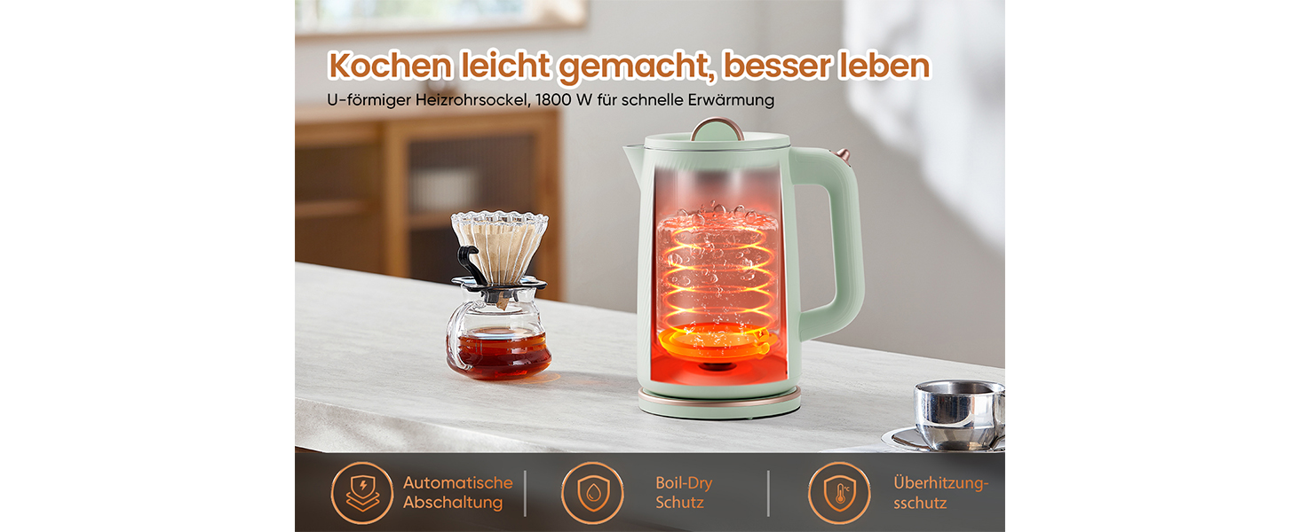 Електричний чайник OLEGA 1.8L, 1800W, з автоматичним відключенням та захистом від сухого кип'ятіння, нержавіюча сталь 304, без BPA, зелений