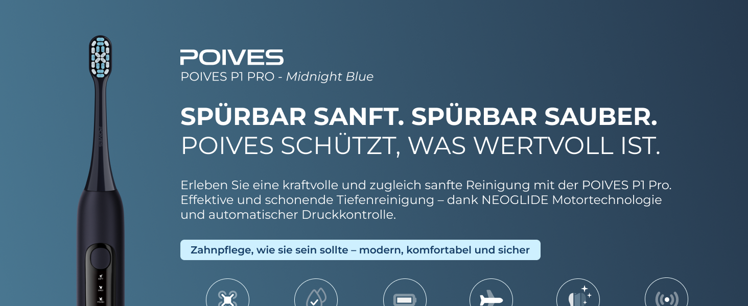 Електрична зубна щітка POIVES P1 Pro з датчиком тиску, 72000 рухів, 4 роки гарантії, 111 днів без ризику, тривалий час роботи, колір: Midnight Blue
