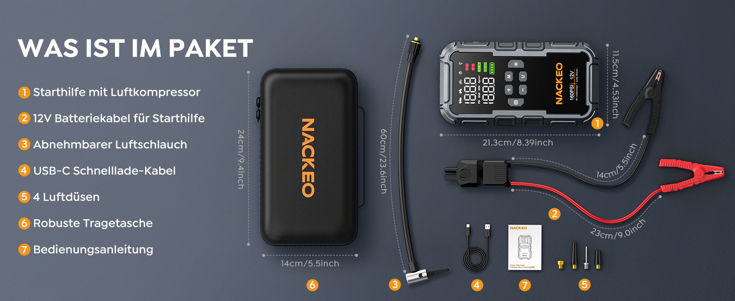 Пусковий пристрій (бустер) 8000A для авто з компресором 160 PSI, Powerbank 12V для бензинових та дизельних двигунів до 12л, з LED-ліхтарем 600LM та LCD-дисплеєм