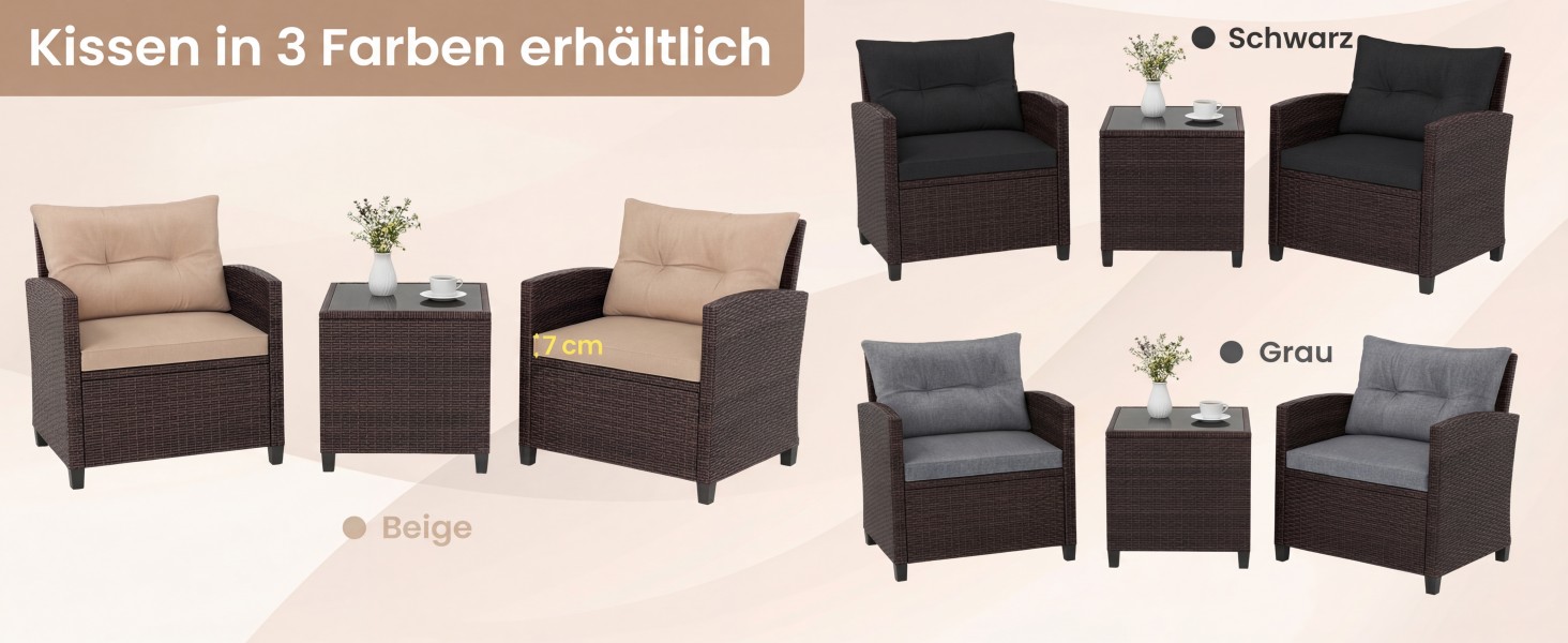 Набір садових меблів GIANTEX з ротангу для балкона та саду: 2 крісла та стіл, сірий з сірим (3 предмети) з подушками