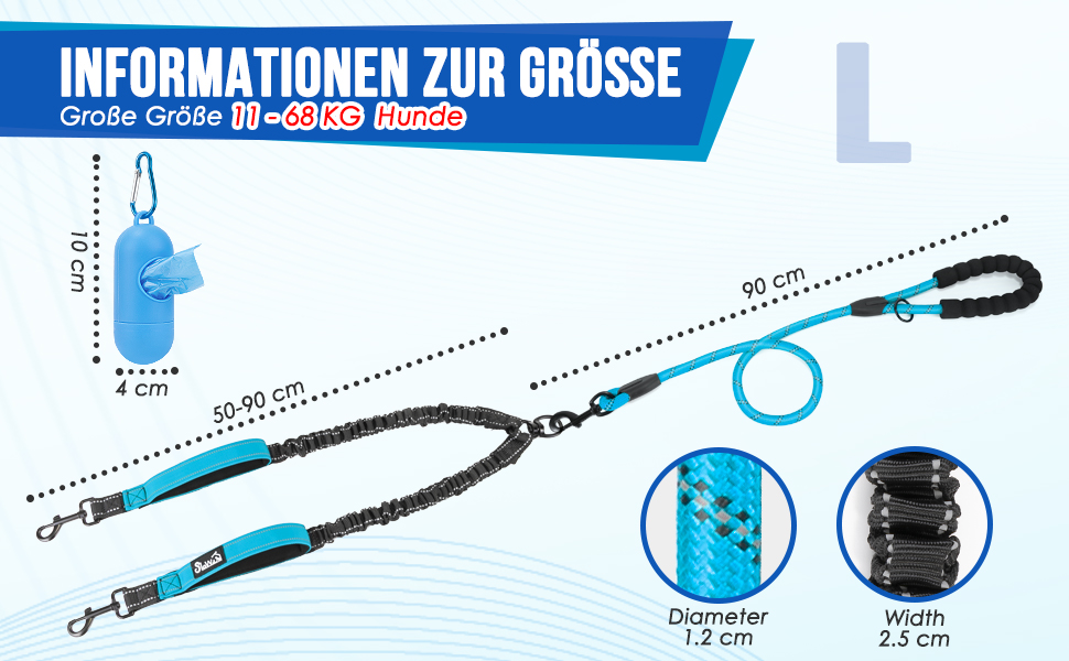 Повідець для собак SlowTon-обертається на 360 світловідбиваючий подвійний повідець для 2 собак з двома м'якими ручками, амортизуючий повідець для дресирування собак bequee для маленьких собак розміром з сідло (8-35 фунтів) (L, синій)