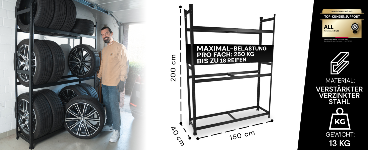 Стелаж для шин преміум-класу 100x110x40 см, вантажопідйомність 175 кг, економія місця, для гаража та складу (чорний, 18 шин)