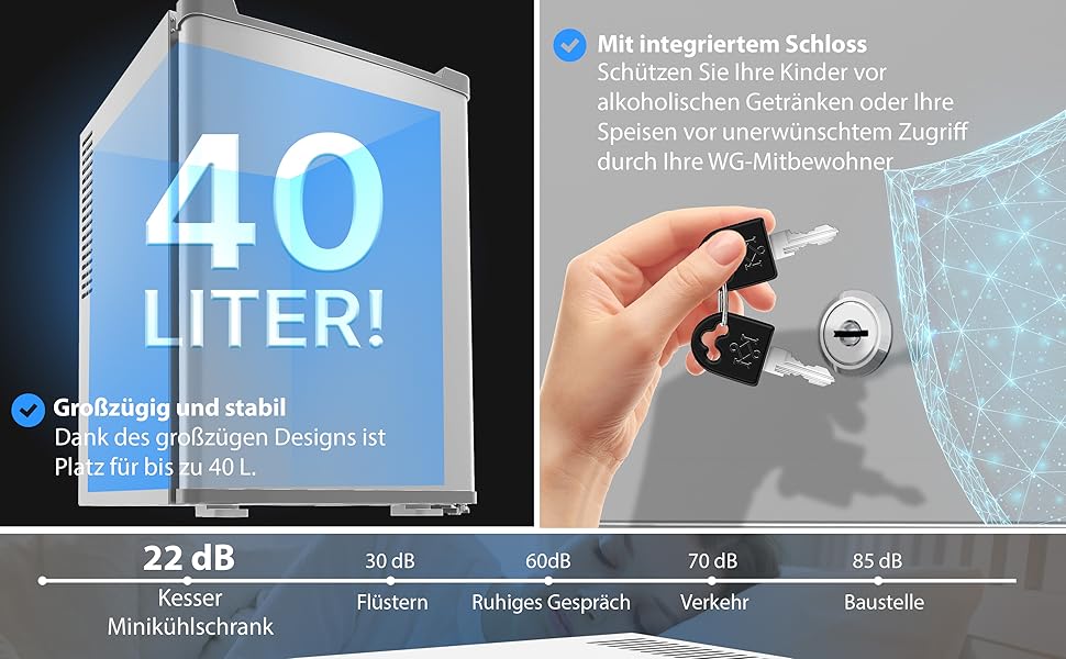 Міні-холодильник KESSER 40 л, тихий 22 дБ, з можливістю замикання, 4-16C, срібло, 57 см, внутрішнє освітлення