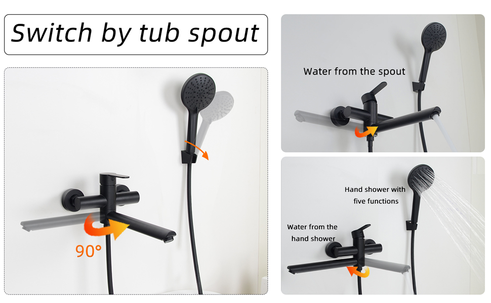 Змішувач для ванни PHASAT з витяжною лійкою, чорний, настінний монтаж, PTBB13E Long spout