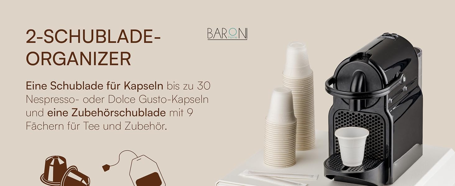 Органайзер для кавових капсул Baroni Home: універсальний підстакан на 30 капсул Nespresso та Dolce Gusto, з відділенням для чаю та аксесуарів, 2 шухляди, пластиковий, 34x13x34 см, чорний/білий