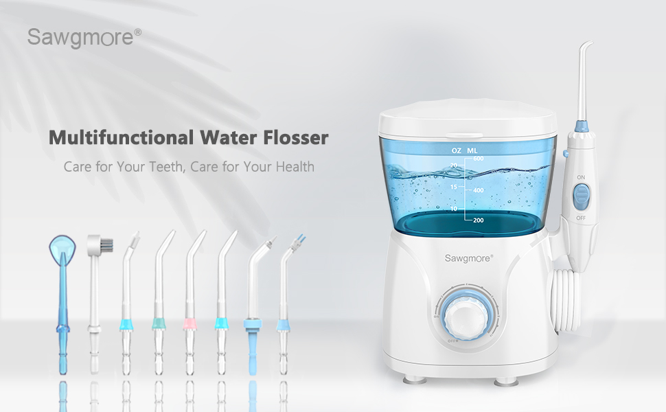 Електрична іригатор для порожнини рота з 10 рівнями тиску та 8 насадками, професійний водяний флосер, резервуар 600 мл, ідеальний для сім'ї, білий