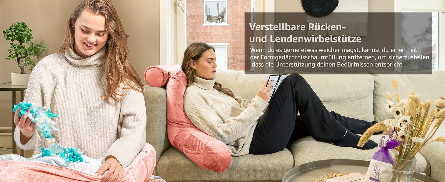 Подушка для читання Ella Lesekissen для ліжка та дивана з знімною подушкою для шиї - подушка для спини для ліжка. Подушка для читання з піною з пам'яті з підлокітниками, ідеально підходить для читання, перегляду телевізора, відпочинку або як спинна підтримка (Рожевий)