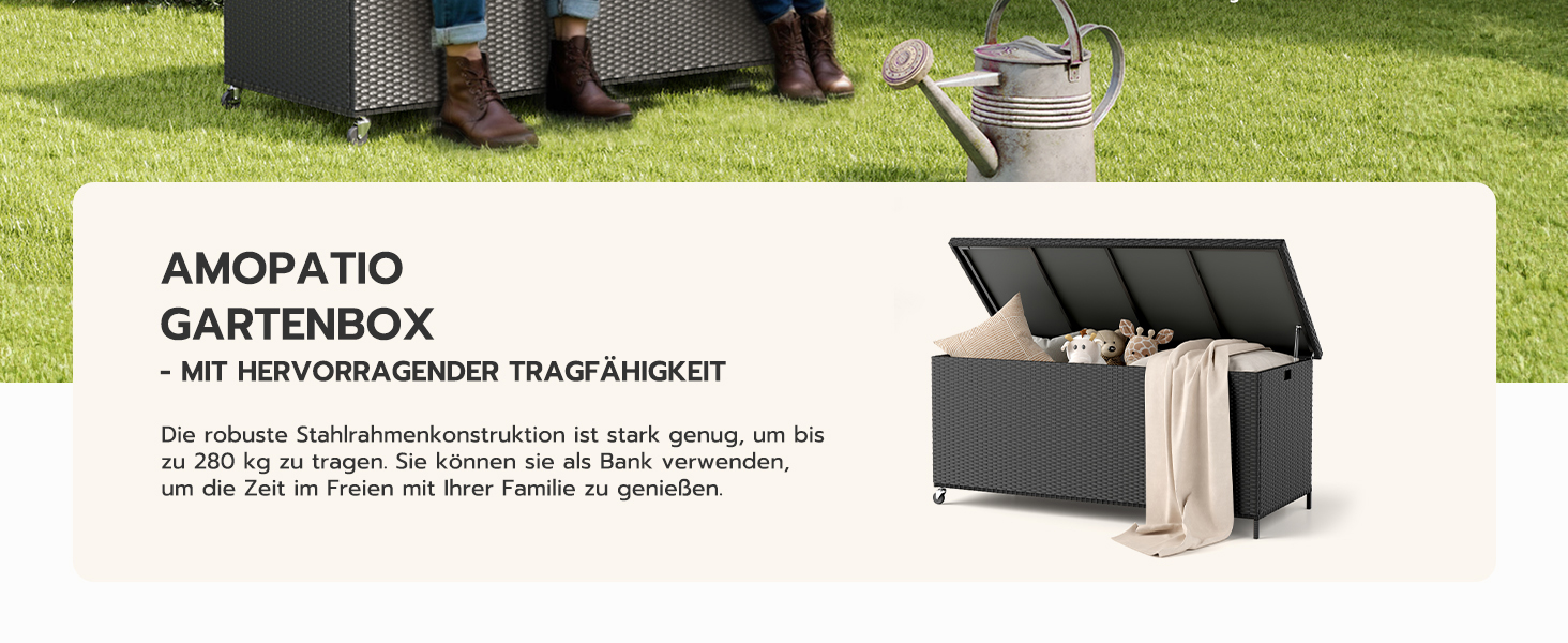 Водонепроникний садовий ящик Amopatio Gartenbox 480л з поліротангу, металевий ящик для подушок на колесах з газліфтом, чорний