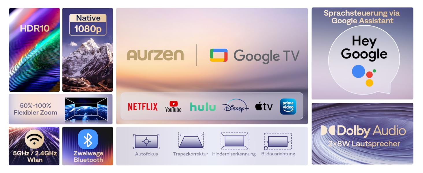 Aurzen Eazze D1 Smart Beamer: 4K проєктор для дому з Wi-Fi, Bluetooth, Netflix, Dolby Audio, автофокусом та корекцією трапеції. Підтримує Full HD 1080P. Білий (GTV)