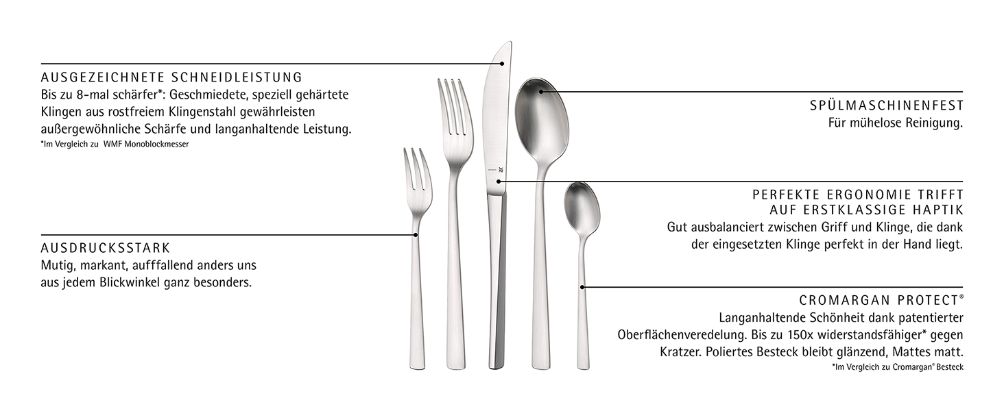 Набір столових приборів WMF Corvo на 6 осіб (30 предметів), нержавіюча сталь Cromargan protect, матове покриття, стійкий до подряпин, придатний для миття в посудомийній машині