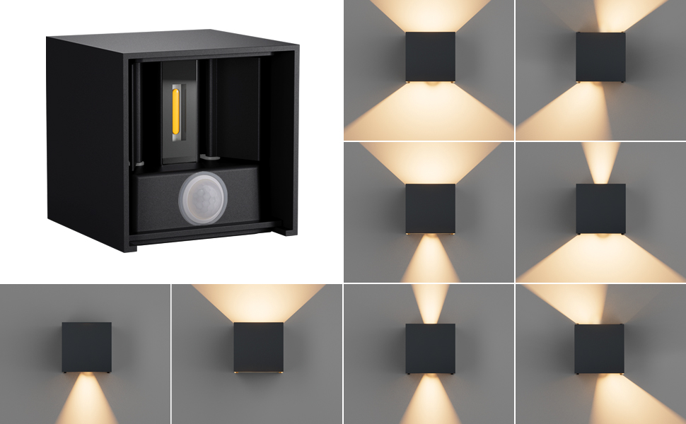 Klighten Зовнішня лампа з датчиком руху 12W, IP65, 3000K тепле біле світло, для внутрішнього та зовнішнього використання, регульований світловий потік, чорний колір